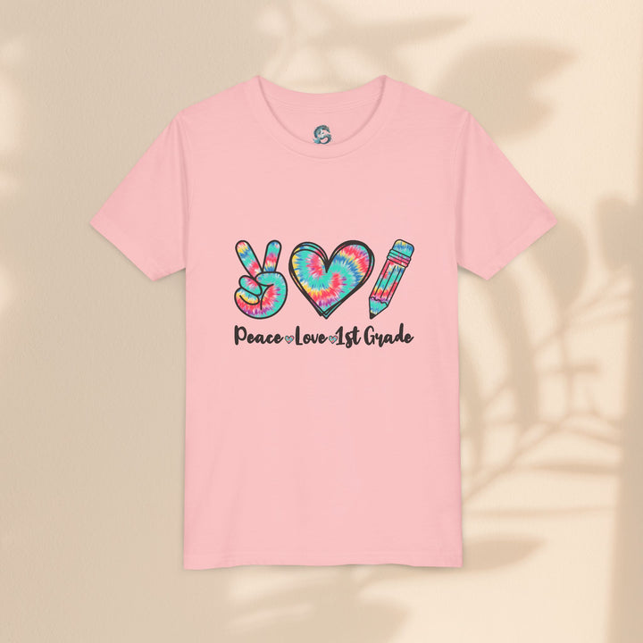 Peace Love 1st Grade Youth Tee, Tie-Dye Kids Shirt, Back to School Outfit, Child's Birthday Gift, Teacher Appreciation Gift