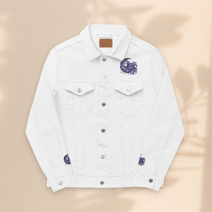 Moon Woman Bohemian Embroidered Denim Jacket – Trendy White Jean Festival Wear & Unique Gift