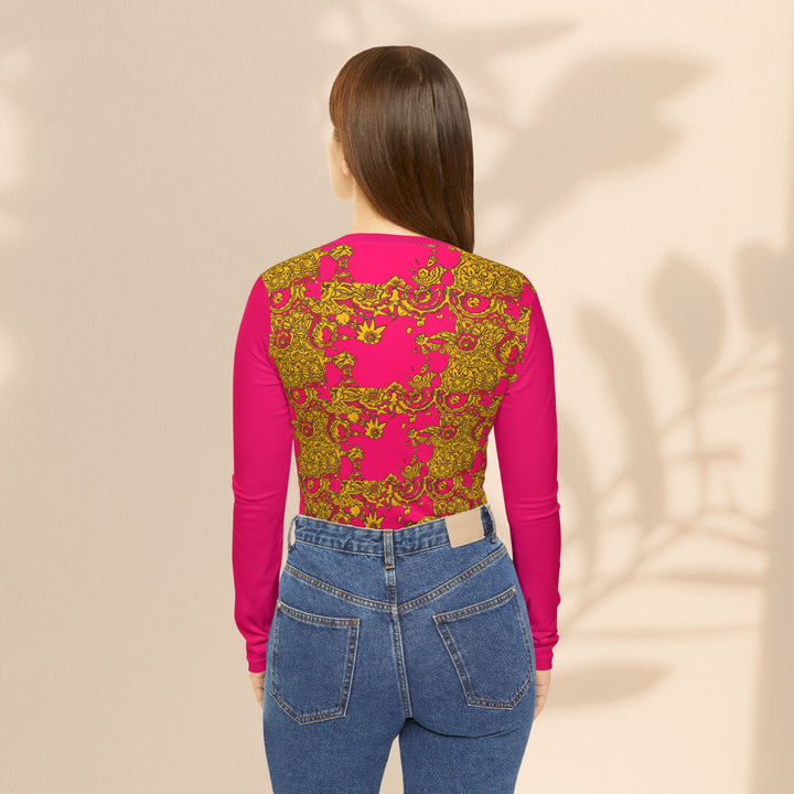 Women's Long Sleeve V-Neck Shirt — Bold Hot Pink & Gold Baroque Floral All-Over Print