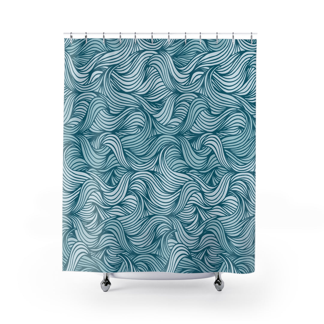 Wavy Teal Pattern Shower Curtain — Nautical Ocean-Inspired Bathroom Decor