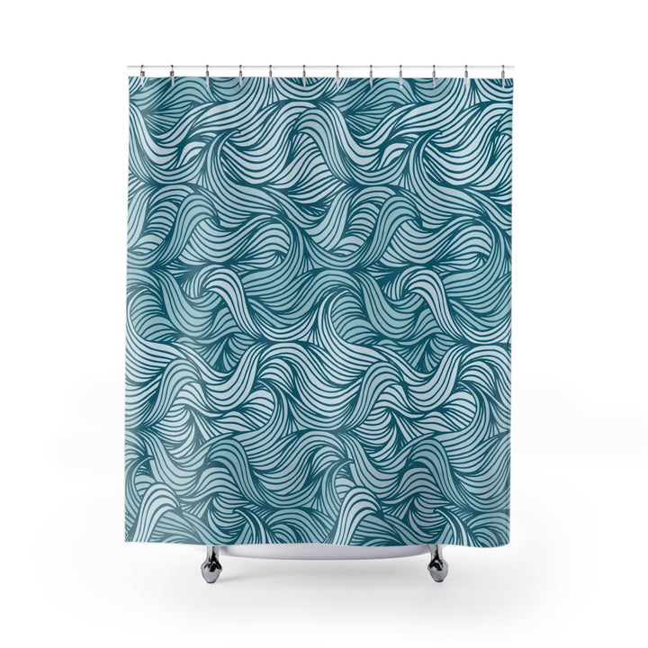 Wavy Teal Pattern Shower Curtain — Nautical Ocean-Inspired Bathroom Decor