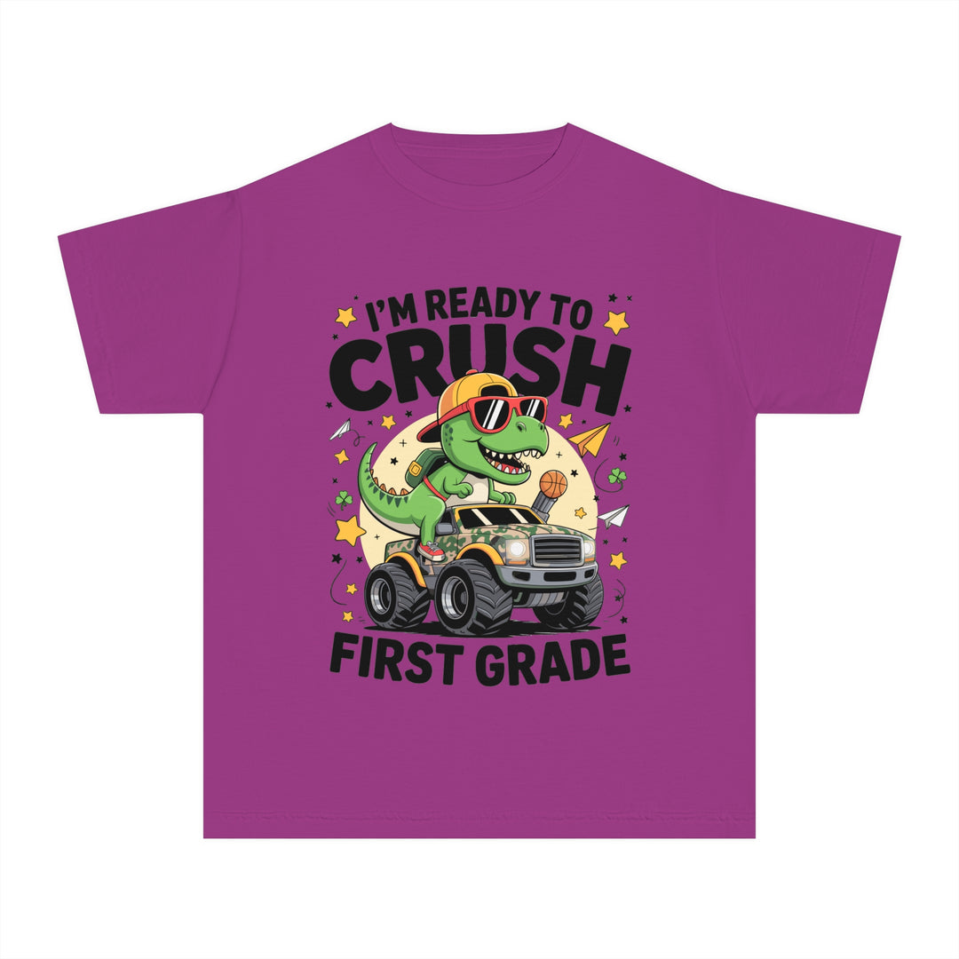 Youth Midweight Tee, Fun Dino T-Shirt, First Grade Shirt, Kids Birthday Gift, Back to School Apparel, Cute Graphic Tee, Dinosaur Print