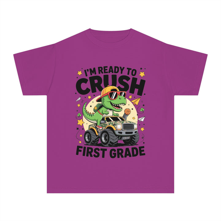 Youth Midweight Tee, Fun Dino T-Shirt, First Grade Shirt, Kids Birthday Gift, Back to School Apparel, Cute Graphic Tee, Dinosaur Print