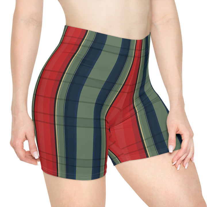 Retro Green & Red Plaid Stripe Biker Shorts — Plaid Stripe AOP