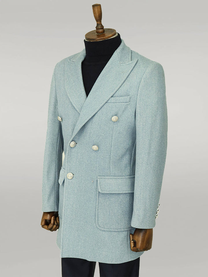 Metal Buttons Wool Cashmere Light Blue Men Double Breasted Coat - Wessi