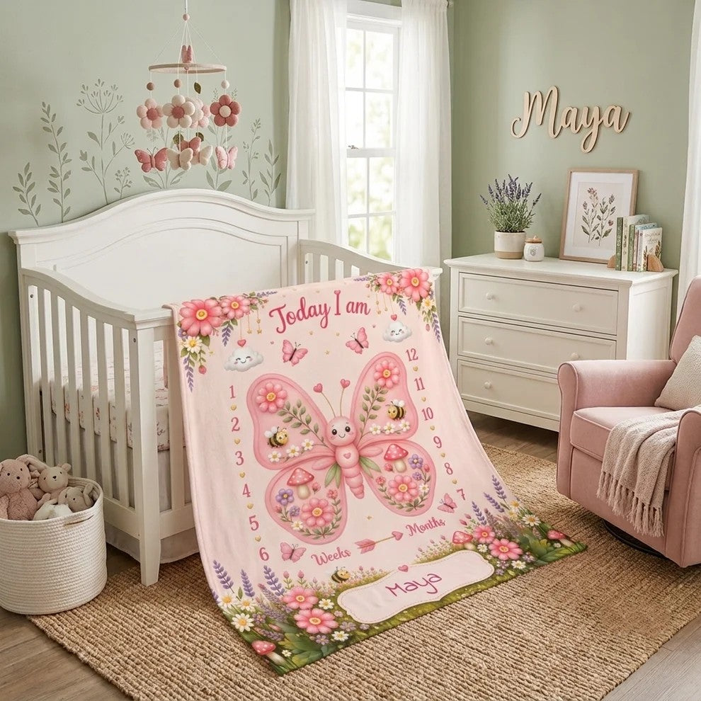 Personalized Butterfly Baby Milestone Photo Blanket