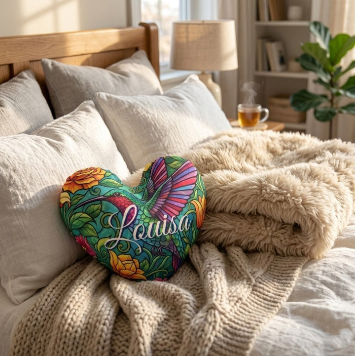 Personalized Hummingbird Heart Pillow with Custom Name
