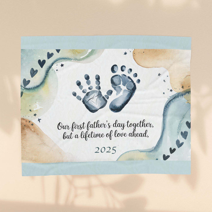 First Father's Day Velveteen Plush Blanket - Custom Handprint Design for Baby's First Year