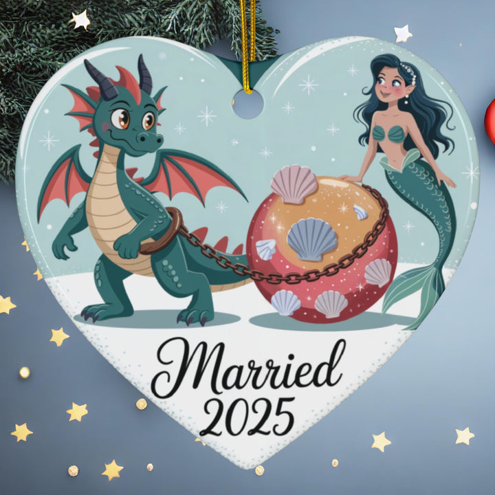 Mermaid & Dragon Married 2025 Ceramic Ornament – Fantasy Couple Christmas Keepsake