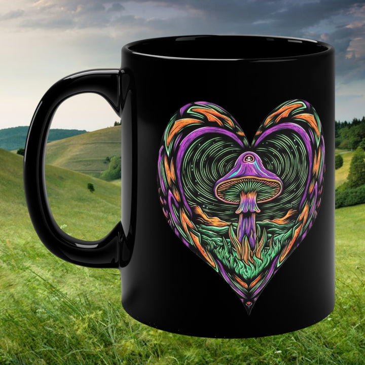 Mushroom Journey Black Coffee Mug – 11oz Fantasy Gift