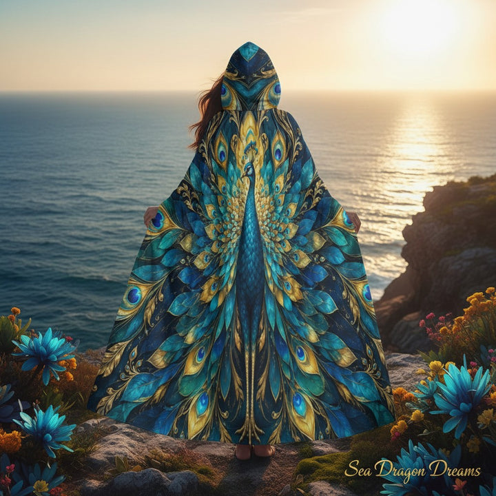 Peacock Glory Unisex Hooded Cloak – Majestic Feather Cape