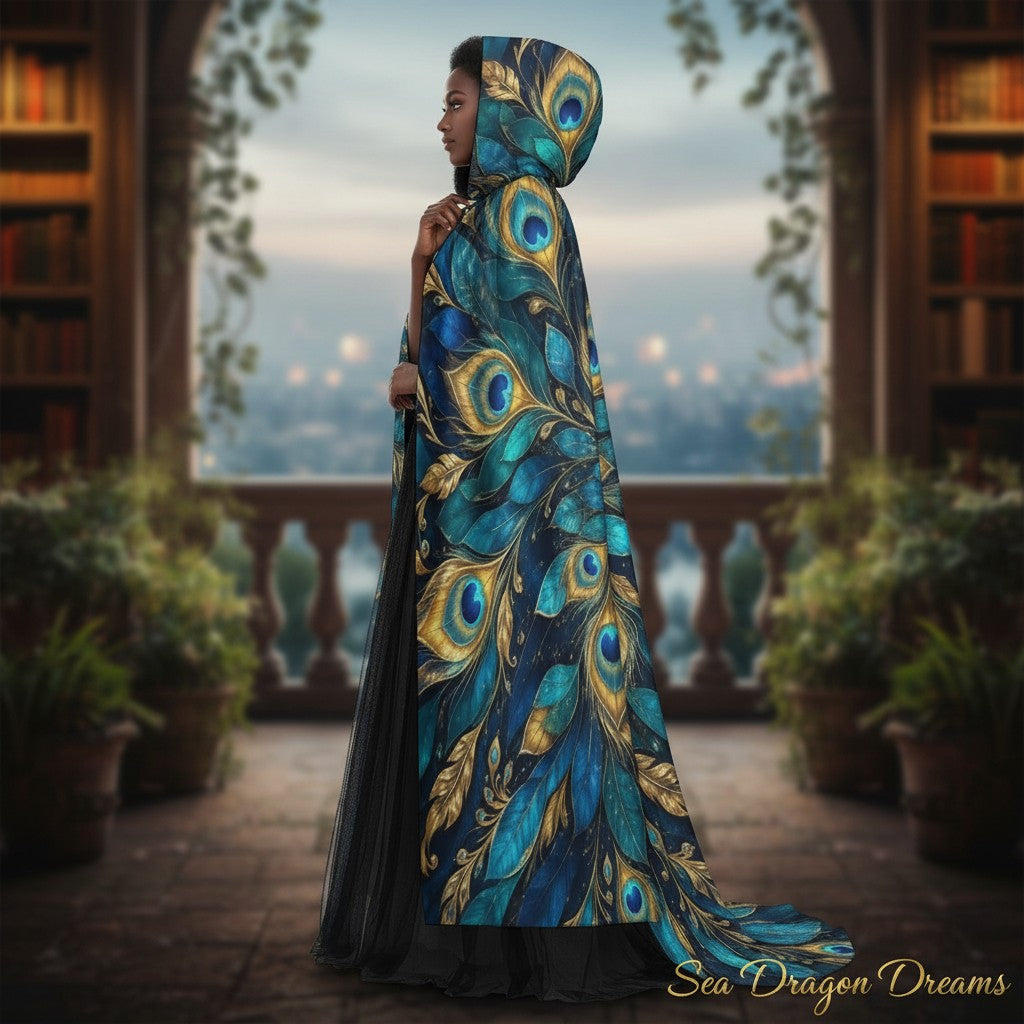 Peacock Glory Unisex Hooded Cloak – Majestic Feather Cape