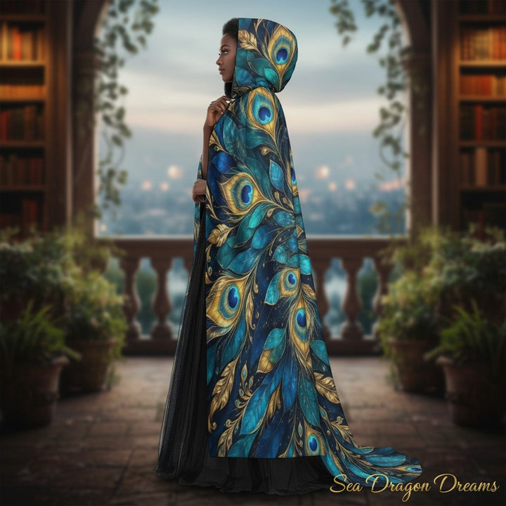 Peacock Glory Unisex Hooded Cloak – Majestic Feather Cape