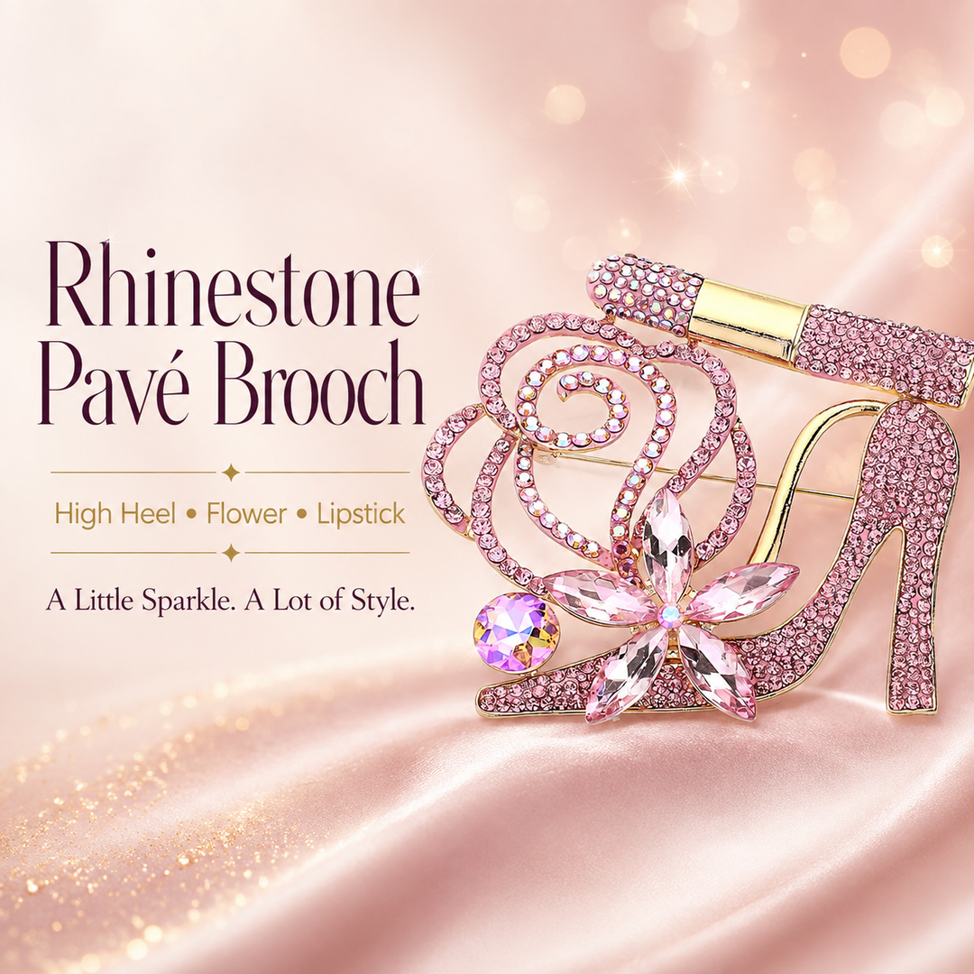 Rhinestone Pavé High Heel, Flower & Lipstick Brooch