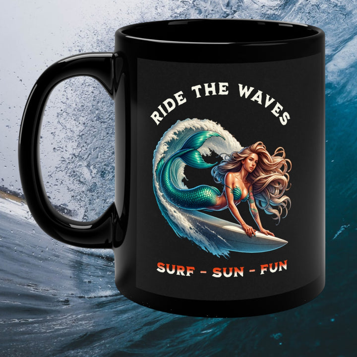 Ride The Waves Black Coffee Mug – 11oz Ocean Mug
