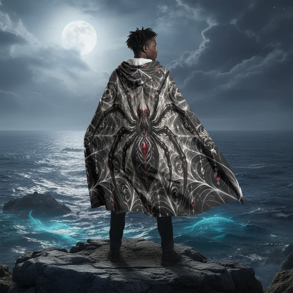 Web Slinger Unisex Hooded Cloak – Red Spiderweb Fantasy Cape