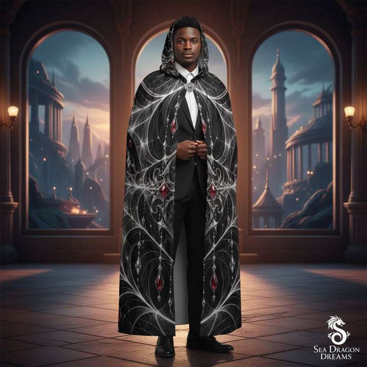 Web Slinger Unisex Hooded Cloak – Red Spiderweb Fantasy Cape