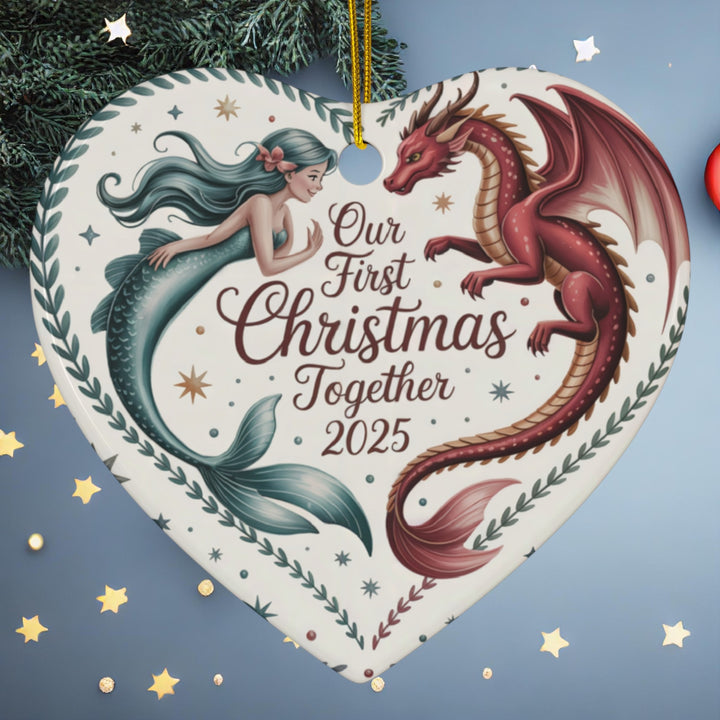 Mermaid & Dragon First Christmas Together 2025 Ceramic Ornament – Fantasy Couple Keepsake