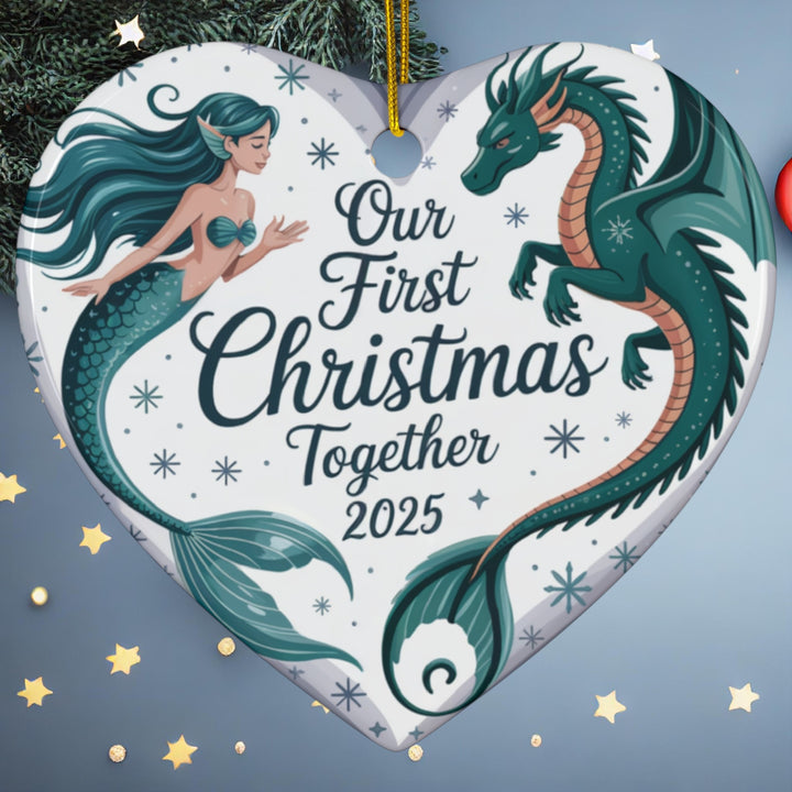Mermaid Dragon First Christmas Together 2025 – Ceramic Holiday Ornament