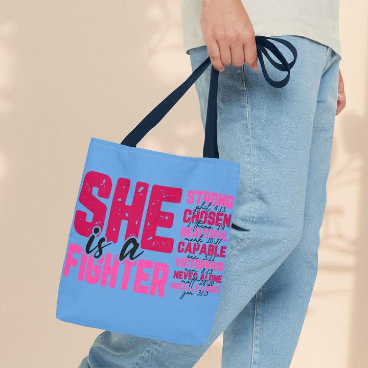 Tote Bag - She Is A Fighter Strong Affirmation Scripture Reference