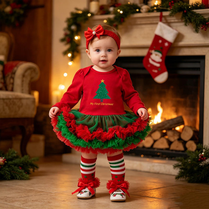 Baby Christmas Romper Dress with Red Tulle 4-Piece Set