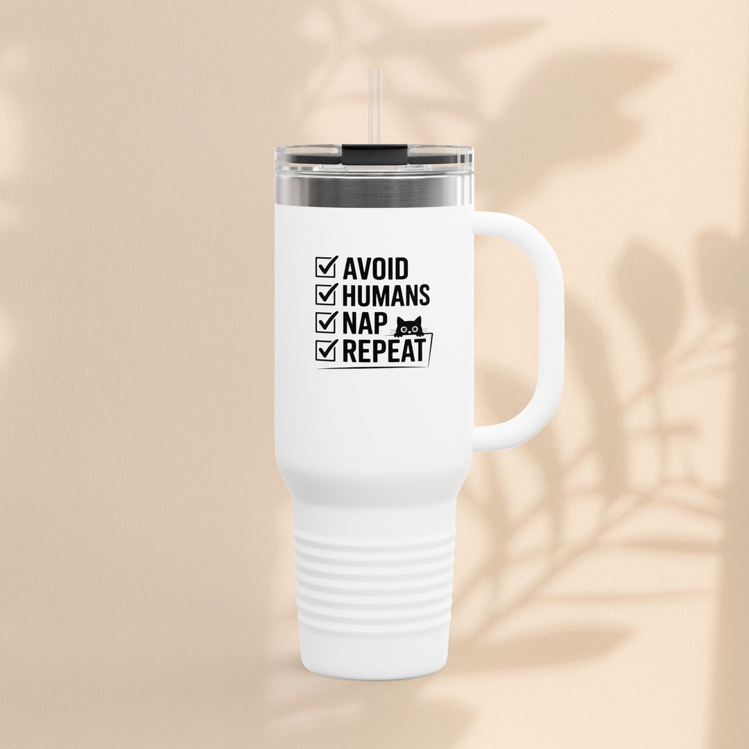 Funny Insulated Travel Mug - Avoid Humans Nap Repeat - 40oz, Coffee Cup, Gift for Introverts, Travel Mug, Holiday Present
