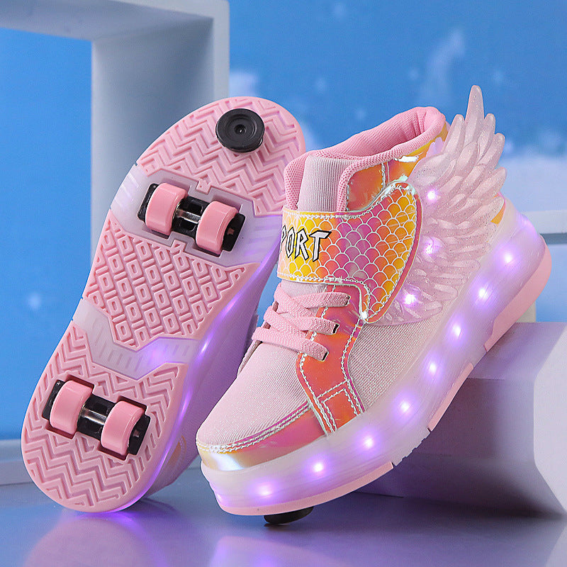 Kids’ Double-Wheel LED Light-Up Roller Skates with Wings