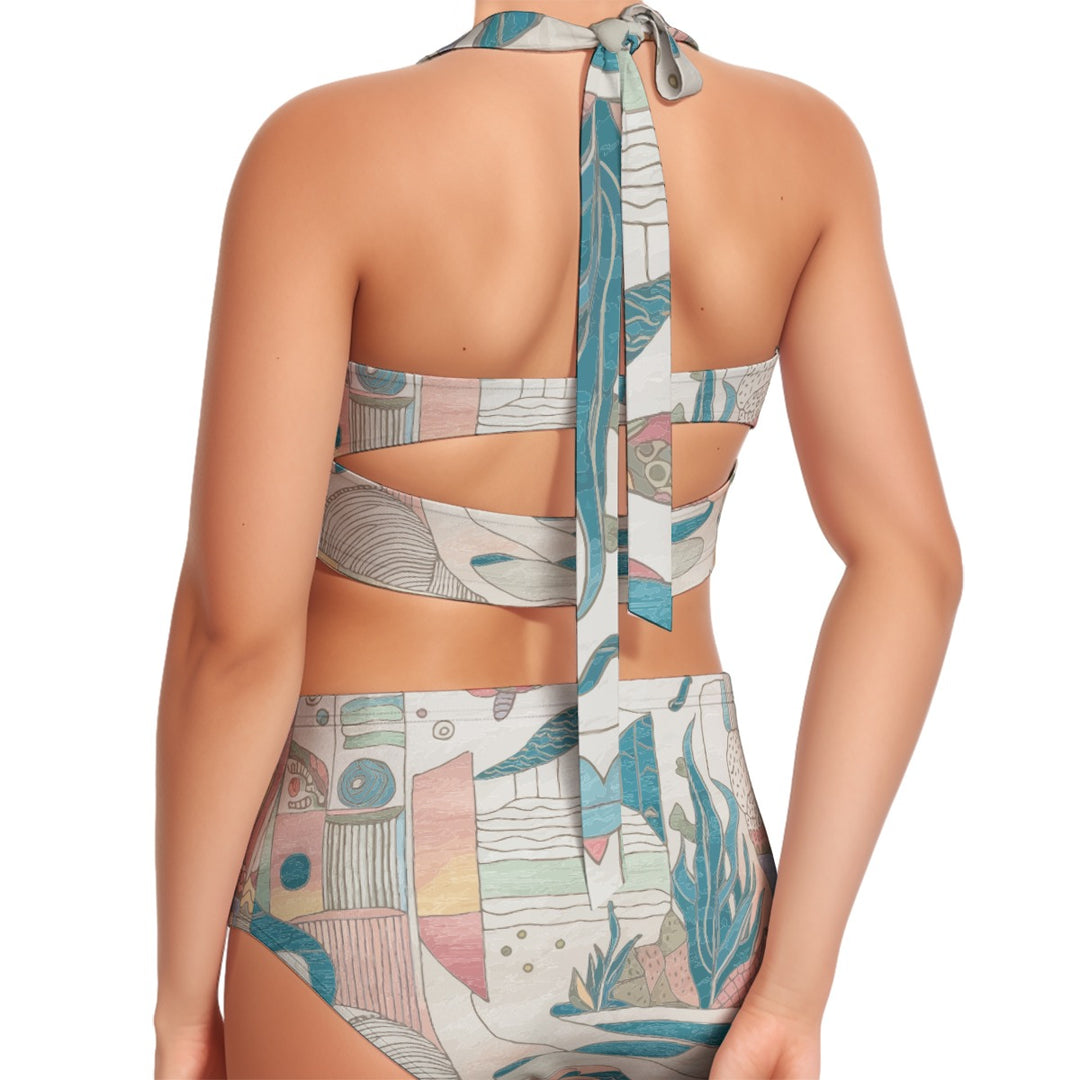 Ocean Print Women's Swimsuit Set With HalterDive into summer style with the beautiful Ocean Print Wo