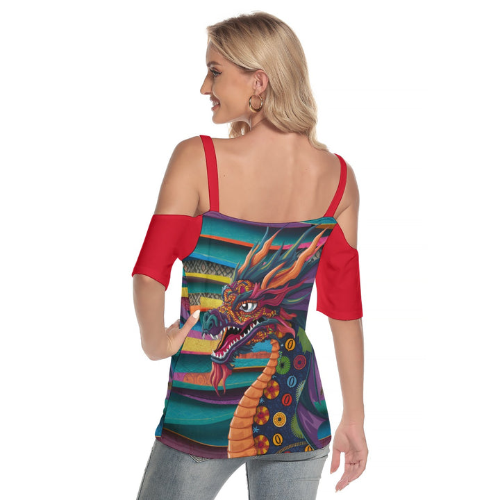 Mexican Dragon Women's Cold Shoulder T-shirt With Criss Cross Strips
