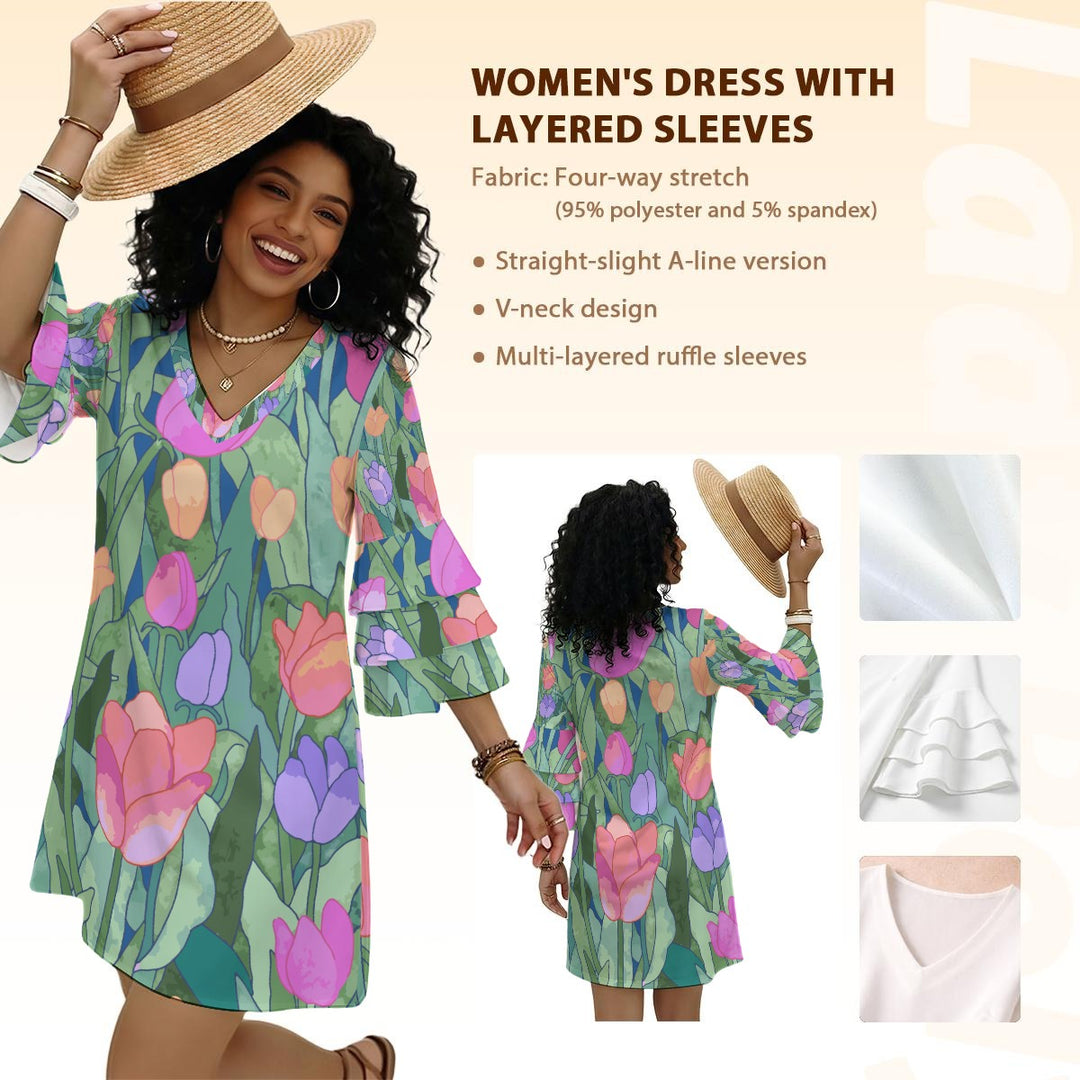 Pretty Flowers Women's Stacked Ruffle Sleeve Dress