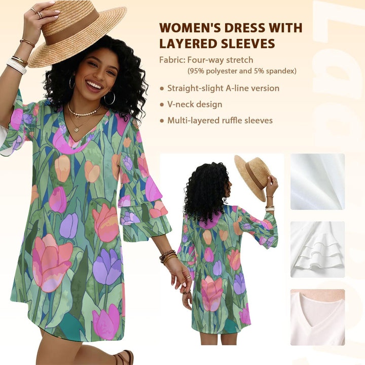 Pretty Flowers Women's Stacked Ruffle Sleeve Dress