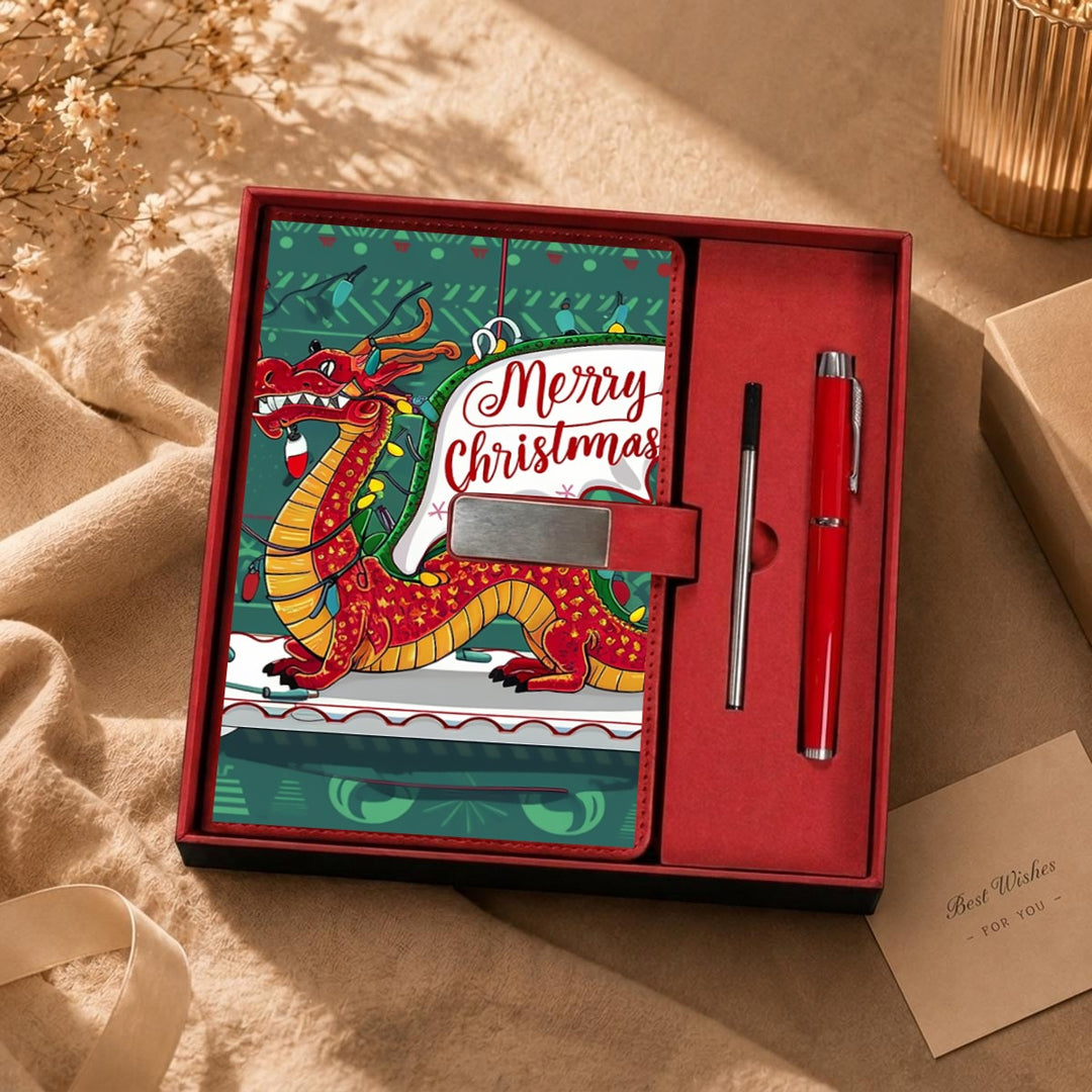 Merry Christmas Dragon Notebook Gift Set with Metal Pen
