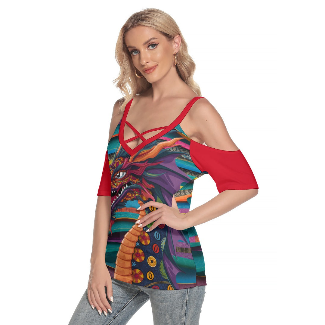 Mexican Dragon Women's Cold Shoulder T-shirt With Criss Cross Strips