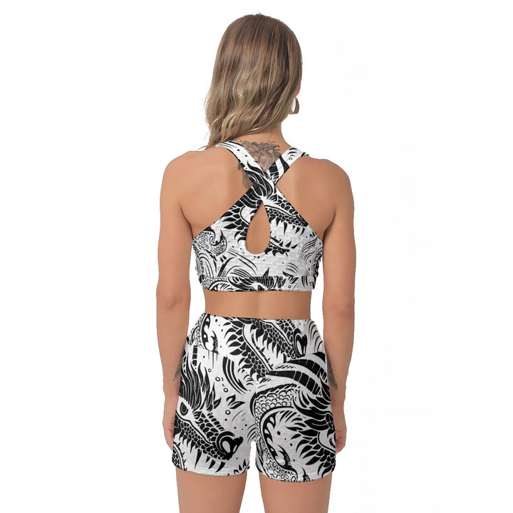 Black and White Dragon Women’s Sports Bra and Shorts Set
