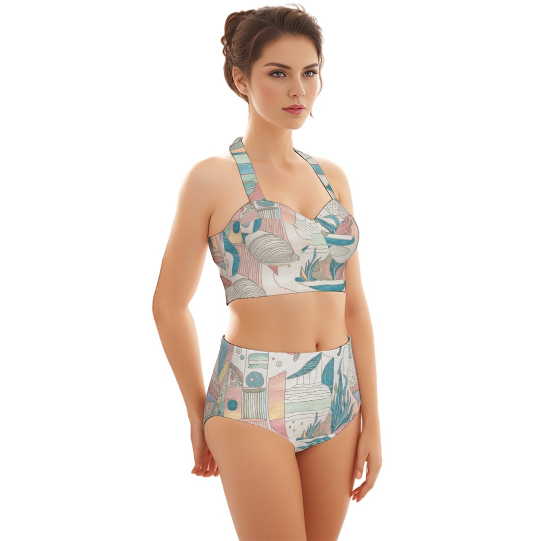 Ocean Print Women's Swimsuit Set With HalterDive into summer style with the beautiful Ocean Print Wo