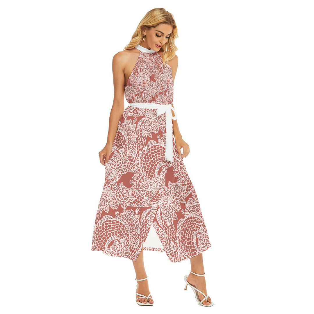 Lacey Day Women’s Belted Halter Dress With Wrap Hem