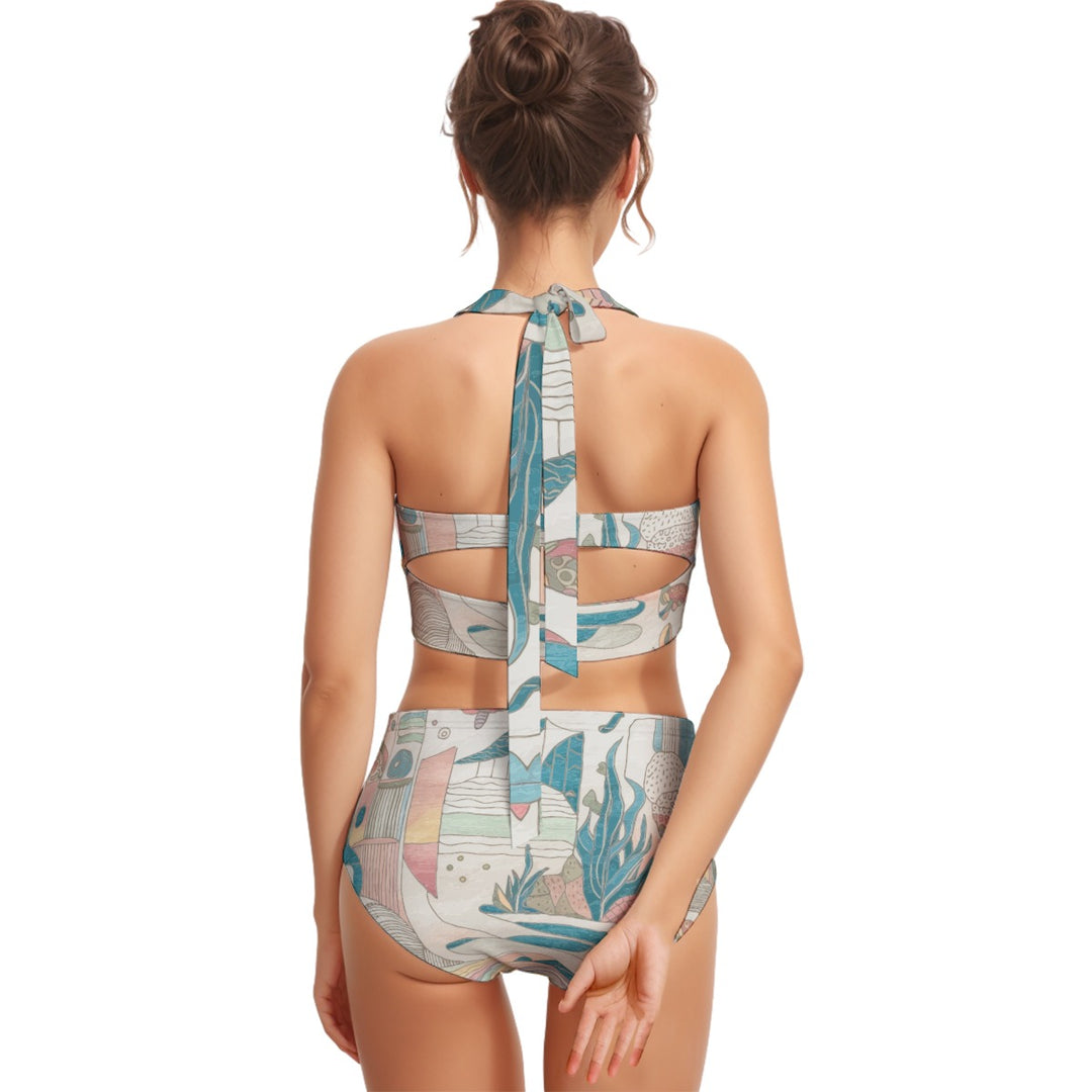Ocean Print Women's Swimsuit Set With HalterDive into summer style with the beautiful Ocean Print Wo