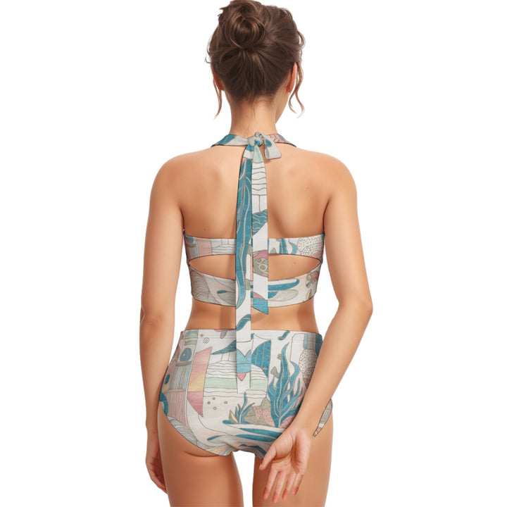 Ocean Print Women's Swimsuit Set With HalterDive into summer style with the beautiful Ocean Print Wo