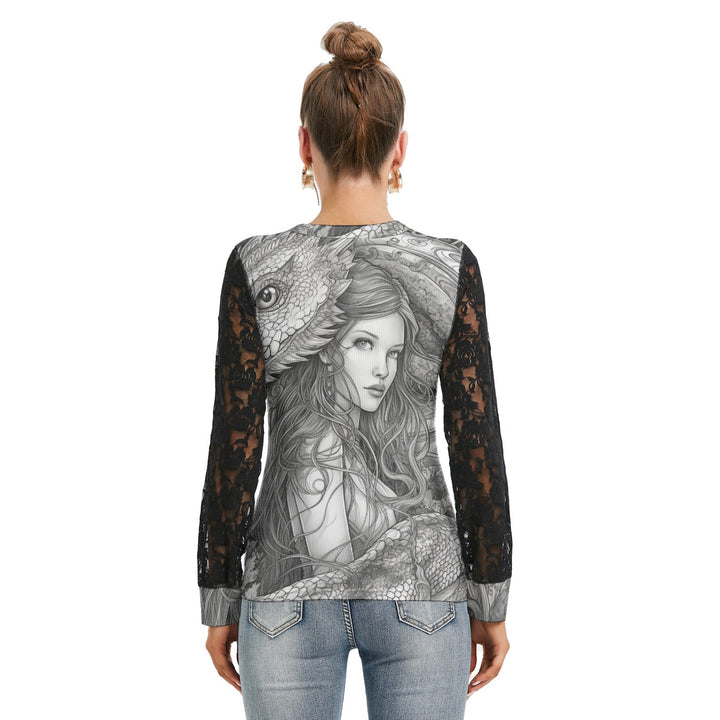 Dragon Shadow Women’s T-Shirt With Black Lace Sleeves