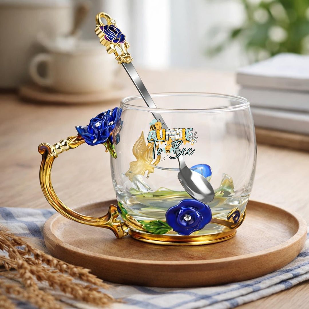 Aunt To Be 12OZ Enamel Floral Glass Mug With Spoon