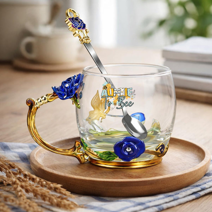 Aunt To Be 12OZ Enamel Floral Glass Mug With Spoon