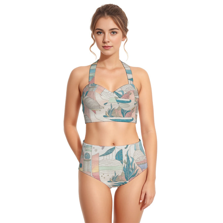Ocean Print Women's Swimsuit Set With HalterDive into summer style with the beautiful Ocean Print Wo