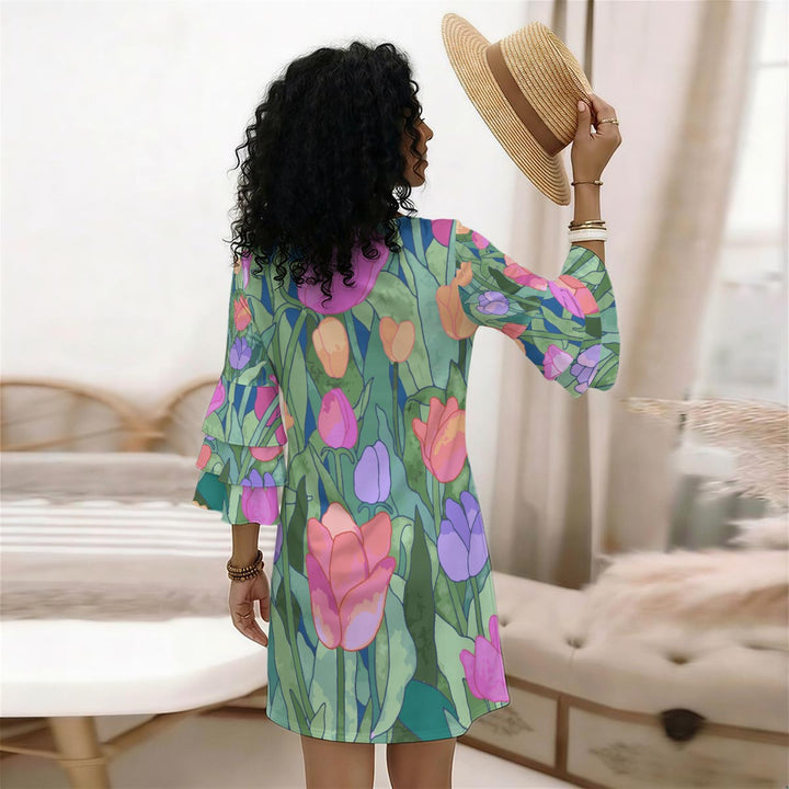 Pretty Flowers Women's Stacked Ruffle Sleeve Dress