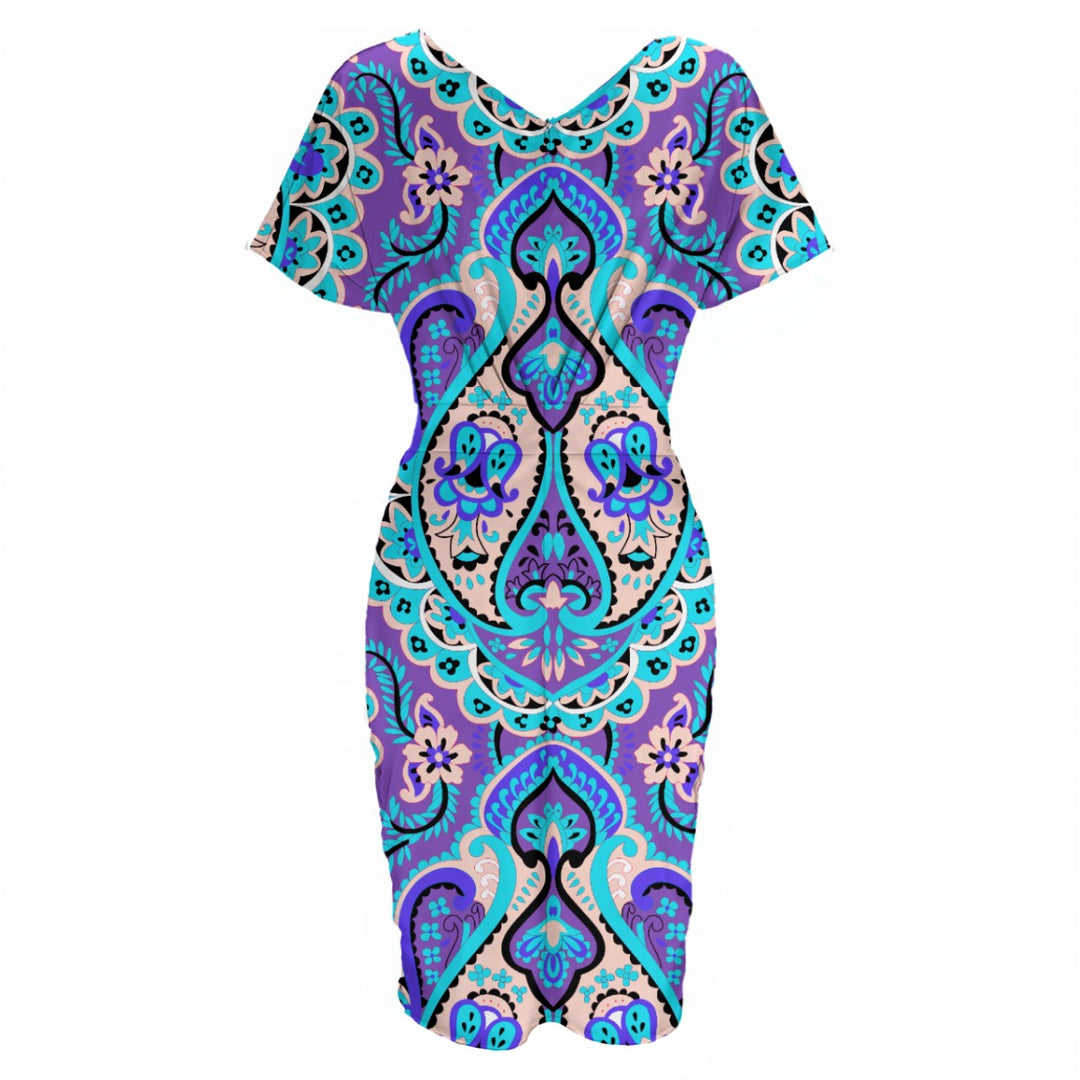 Blue Magic Print Women's V-neck pleated dress