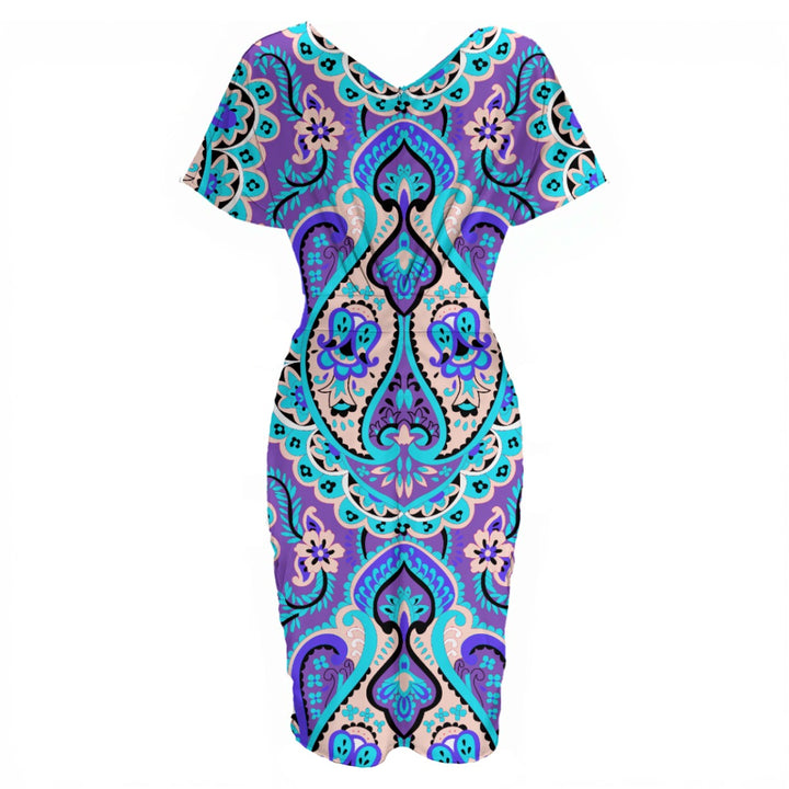 Blue Magic Print Women's V-neck pleated dress