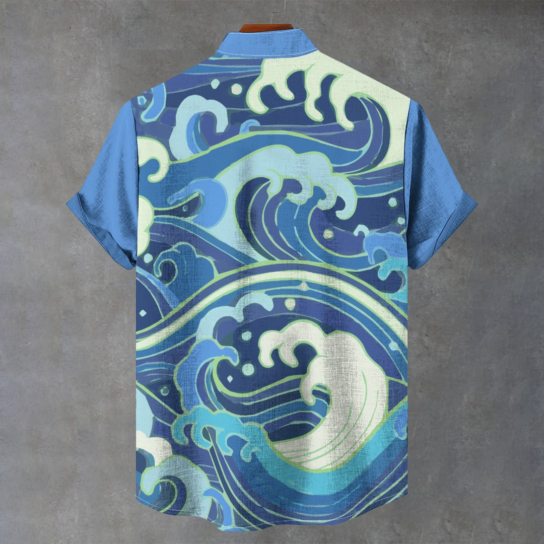 Ocean Wave Stand Collar Short Sleeves Shirt