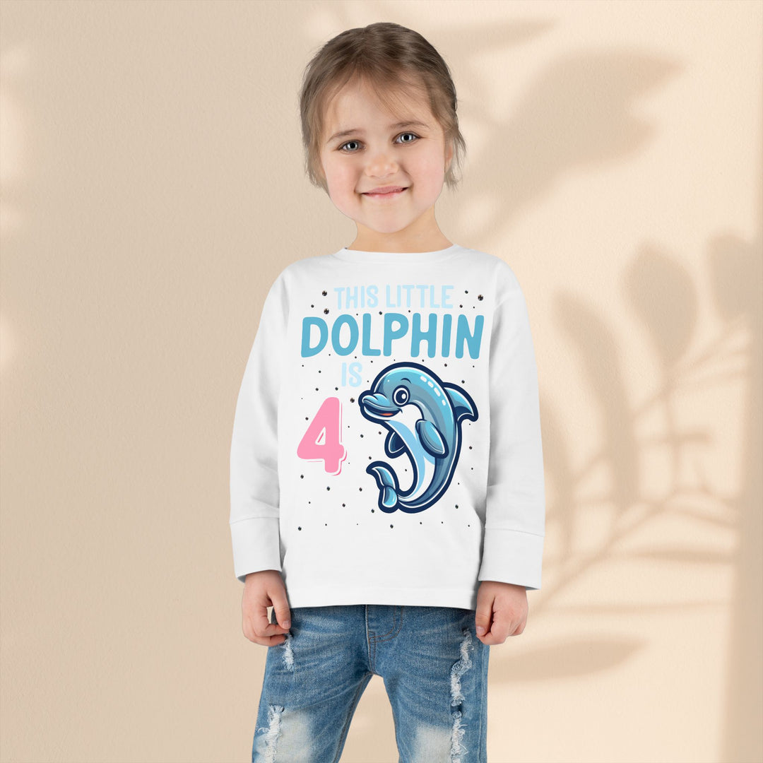 Dolphin Birthday Tee for 4-Year-Olds, Cute Dolphin Birthday Tee for Kids, Toddler Long Sleeve, 4th Birthday Gift, Ocean-Themed Shirt