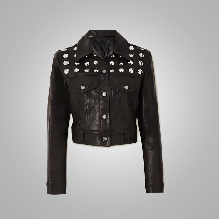Women’s Black Studded Shearling Cropped Leather Jacket