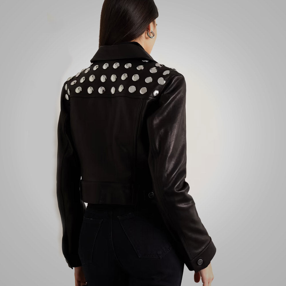 Women’s Black Studded Shearling Cropped Leather Jacket