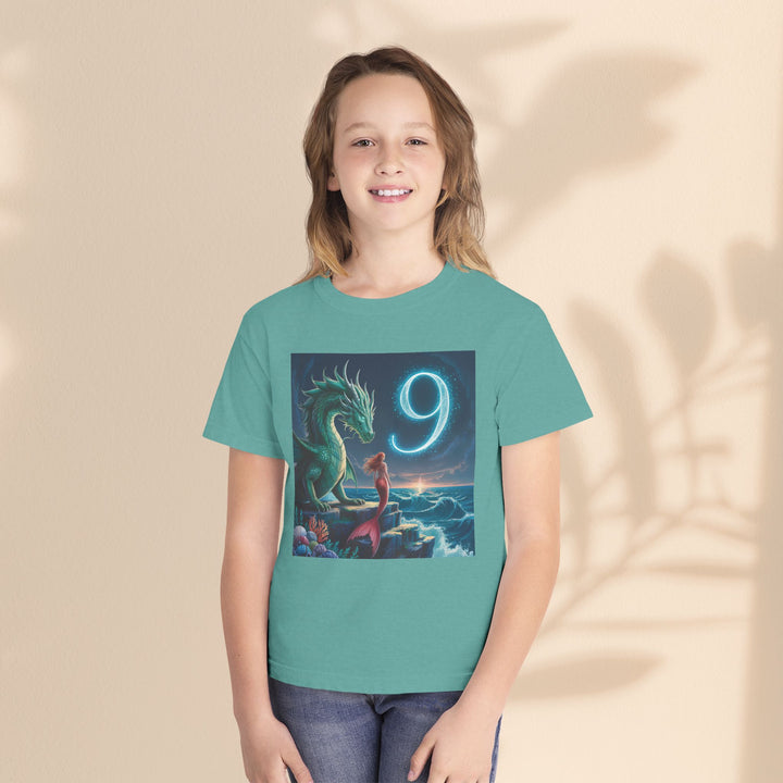 Age 9 Youth Midweight Tee featuring Magical Dragon and Number 9, Kids T-Shirt, Fantasy Apparel, Gift for Young Dreamers, Birthday Celebration Tee